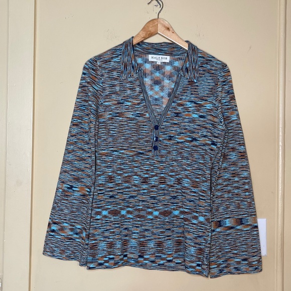 Rosemary Collared Top Blue and Brown Knit Top - Picture 5 of 14